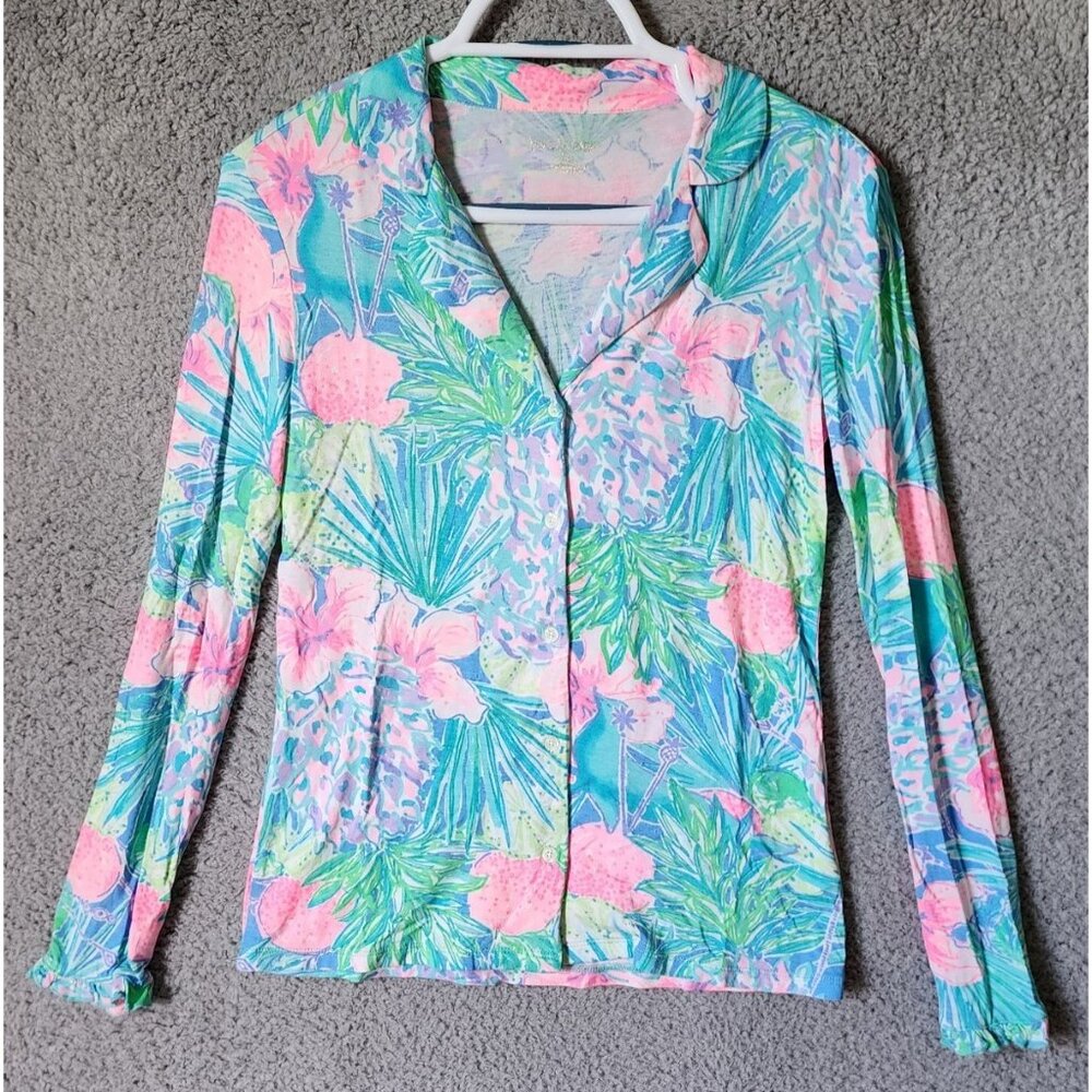 Lilly Pulitzer Women's‎ Sz XXS Long Ruffle Sleeve Button Front Pajama Top Floral